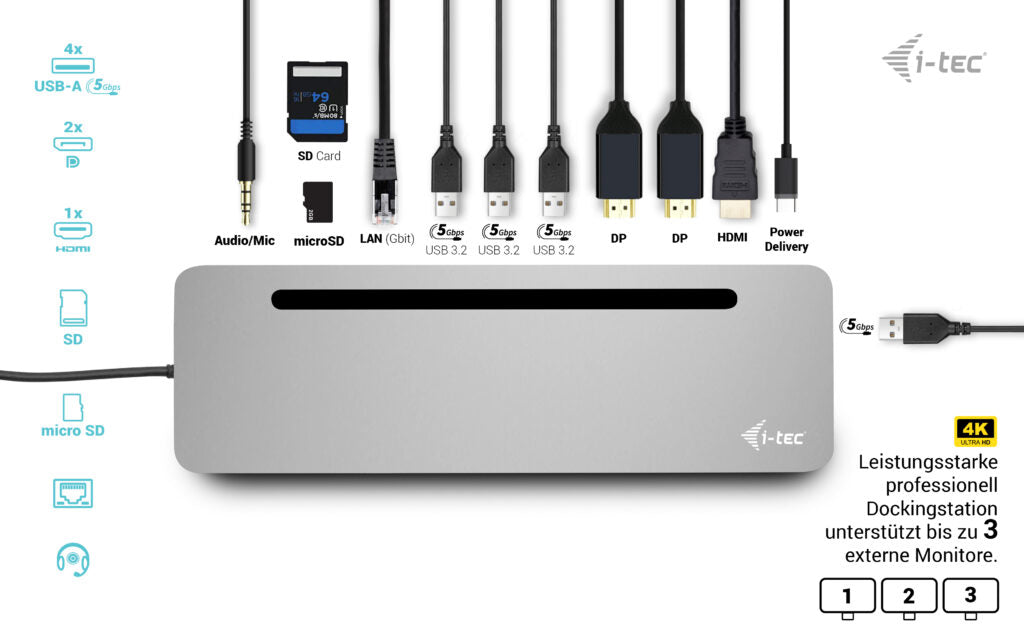 i-tec USB-C Metal Ergonomic 3x 4K Display Docking Station + Power Delivery 100 W