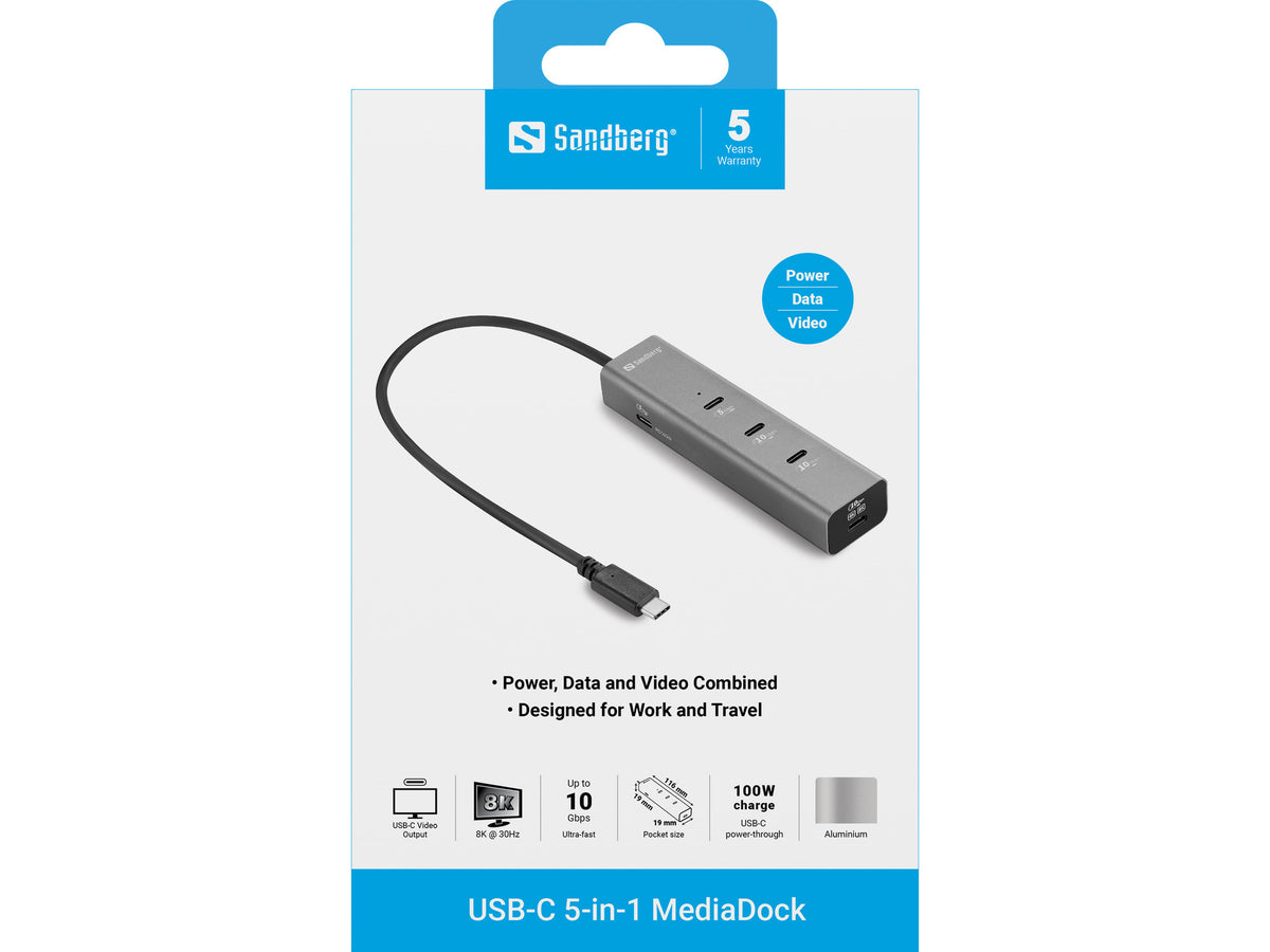 Sandberg 136-78 laptop-dockingstation & portreplikator Kabelgebunden USB 3.2 Gen 2 (3.1 Gen 2) Type-C Grau