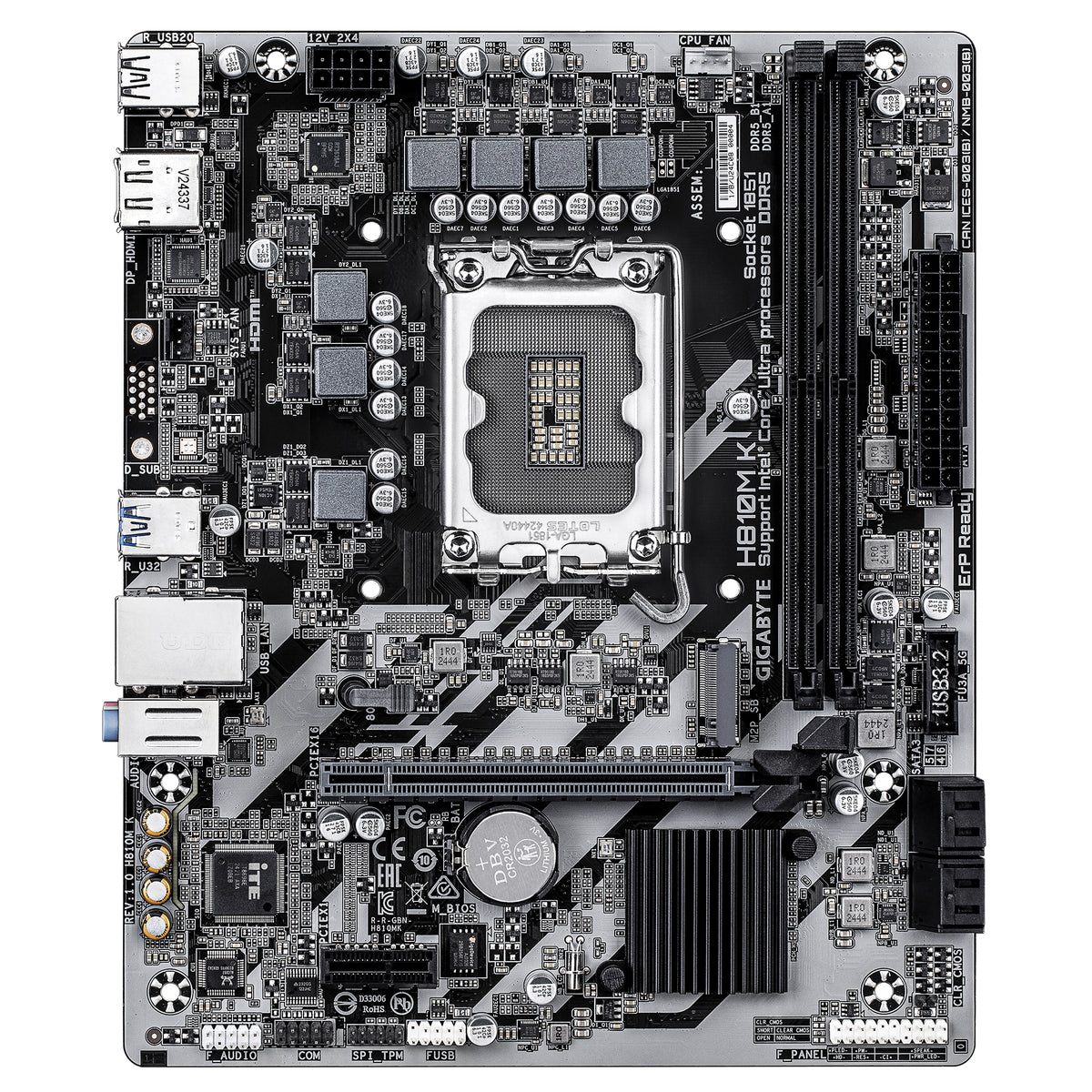 GIGABYTE H810M K Mainboard – Intel Core Ultra (Serie 2) Prozessoren, 3+1+2 Phasen VRM, bis zu 6400 MHz DDR5, 1 x M.2 PCIe 4.0, 1 GbE LAN, USB 3.2 Gen 1