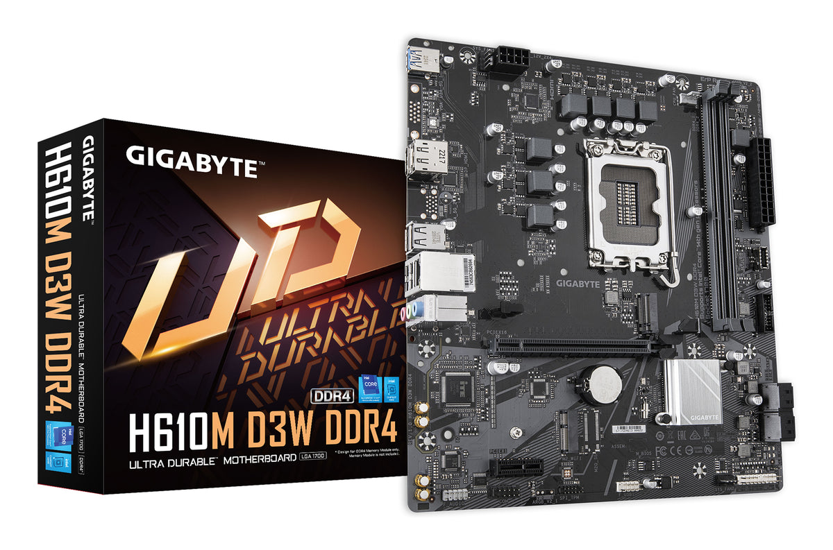 GIGABYTE H610M D3W DDR4 Motherboard - Supports 14th Gen Intel Core CPUs, 5+1+1 Phase VRM, up to 3200 MHz DDR4, 1xPCIe 3.0 M.2, 1 GbE LAN, USB 3.2 Gen 1