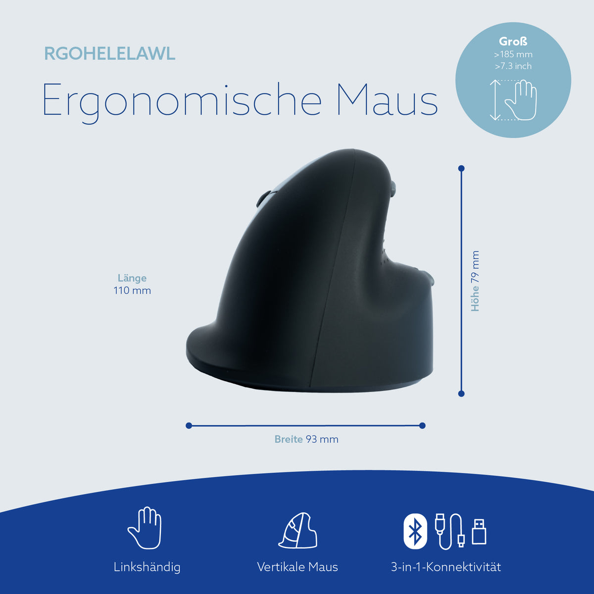 R-Go Tools Ergonomische Maus R-Go HE Break mit Pausensoftware, groß (Handlänge ≥ 185mm), für Linkshänder, bluetooth, schwarz
