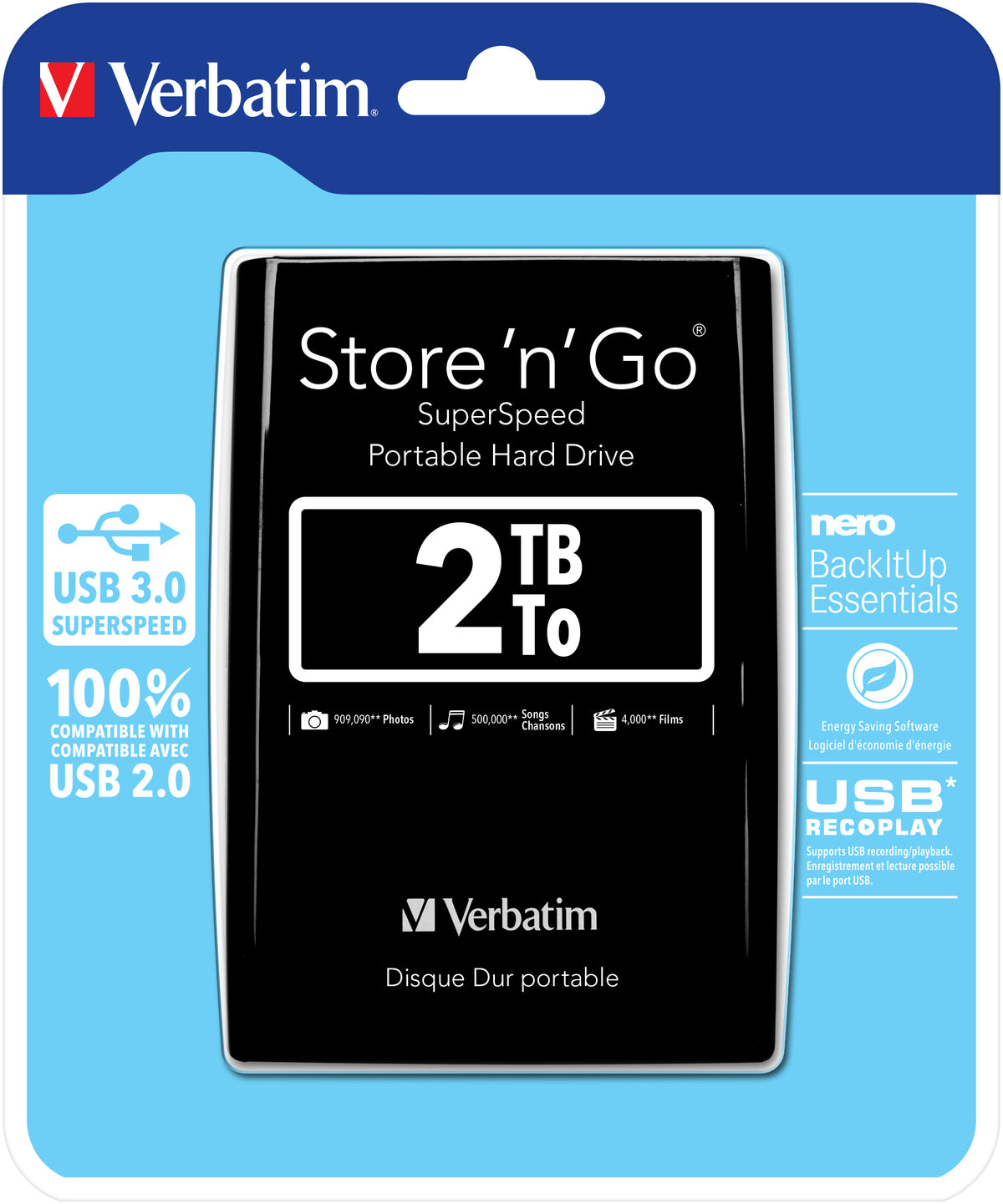 Hard disk portatile Verbatim Store 'n' Go USB 3.0, 2 TB, nero