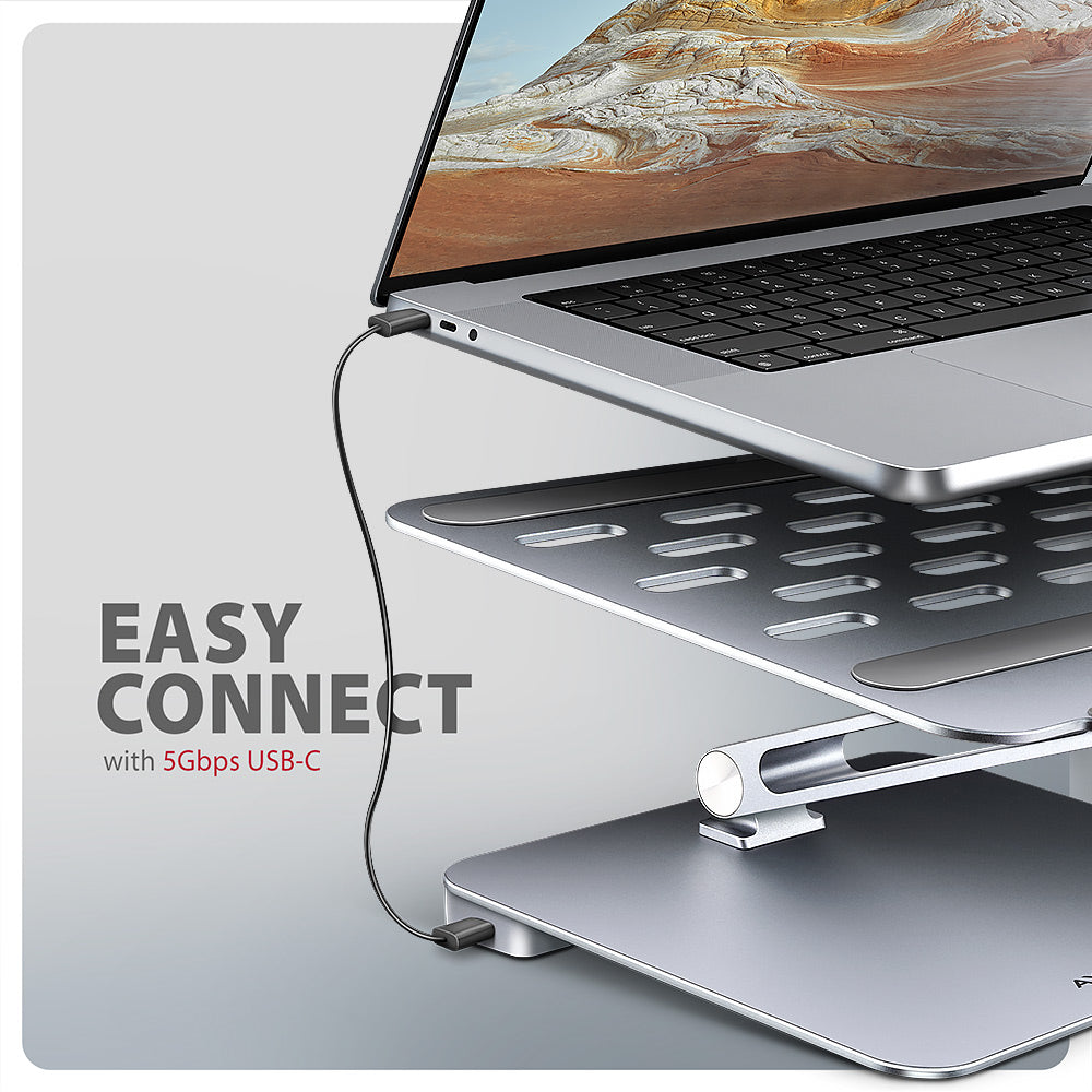 Axagon HMC-STND Multiport USB-C 5Gbps Hub und Aluminiumständer für Laptops. HDMI 4k/60Hz, GLAN, PD und 3 USB-A-Anschlüsse. Kabel USB-C 60 cm.