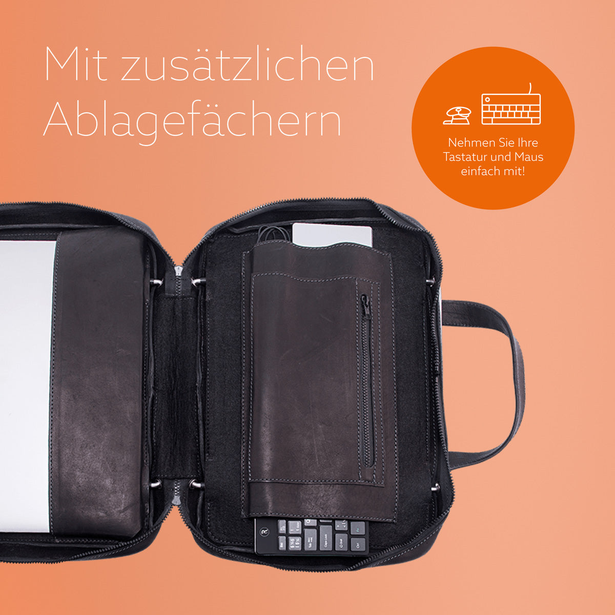 R-Go Tools Laptoptasche R-Go Viva, Vollnarbenleder, mit integriertem Laptop-Ständer, Schulterriemen, 15,6-Zoll, Schwarz