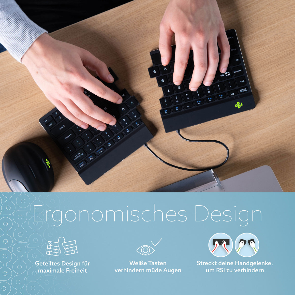 R-Go Tools Ergonomische Tastatur R-Go Split Break mit Pausensoftware, geteilte Tastatur, QWERTY (US), kabellos, schwarz