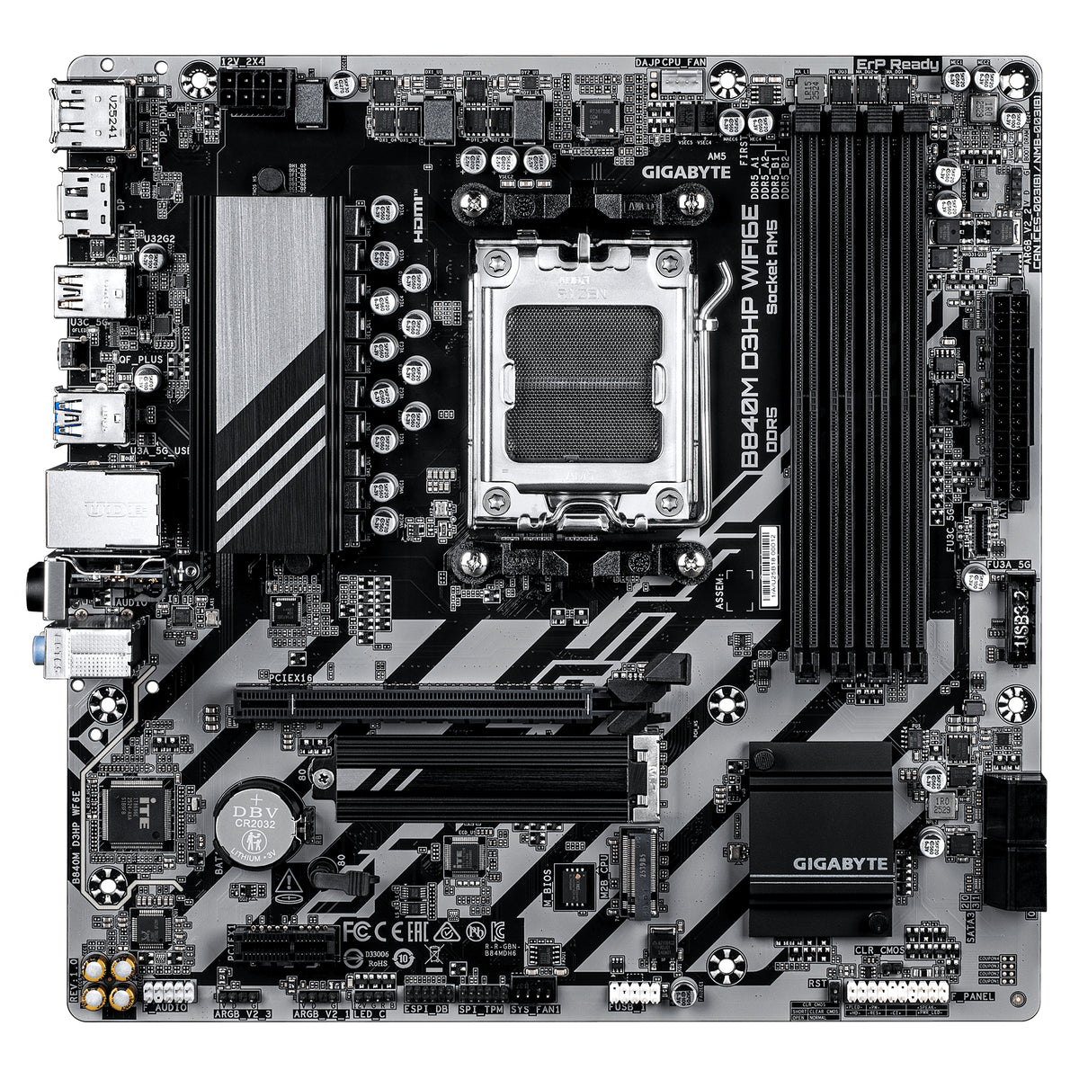 GIGABYTE B840M D3HP WIFI6E Mainboard – AMD Ryzen 9000 CPUs, 8+2+2-Phasen-VRM, bis zu 8200 MHz DDR5 (O.C.), 2× PCIe-4.0-M.2, Wi-Fi 6E, 1-GbE-LAN, USB 3.2 Gen 2