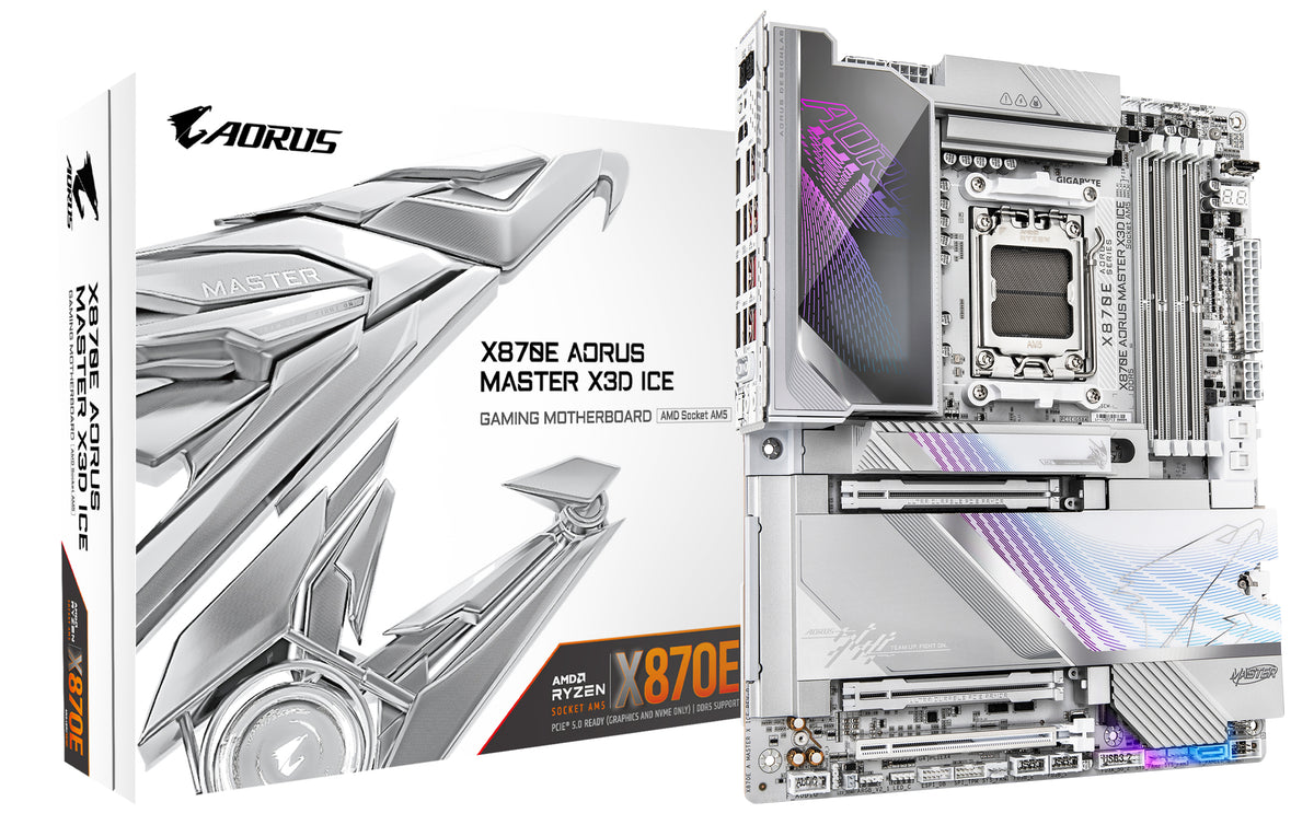 GIGABYTE X870E AORUS MASTER X3D ICE Mainboard – Unterstützt AMD Ryzen 9000 Prozessoren, 18+2+2-Phasen Digital-VRM, bis zu 9000 Hz DDR5 (OC), 2 x PCIe 5.0 + 3 x PCIe 4.0, Wi-Fi 7, 10 GbE LAN, USB 4
