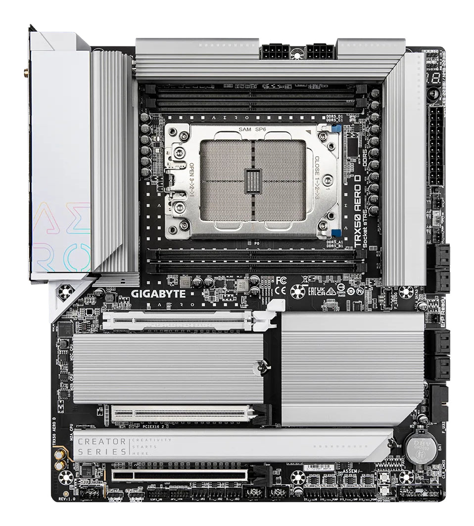 GIGABYTE TRX50 AERO D Mainboard - Unterstützt AMD Ryzen Threadripper 9000 Series CPUs, 16+8+4 Phases Digital VRM, up to 7800MHz DDR5 (OC), 3xPCIe 5.0 + 1xPCIe 4.0 M.2, Wi-Fi 7, 10GbE LAN, USB4