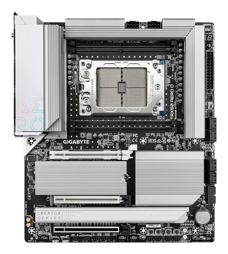 GIGABYTE TRX50 AERO D Mainboard - Unterstützt AMD Ryzen Threadripper 9000 Series CPUs, 16+8+4 Phases Digital VRM, up to 7800MHz DDR5 (OC), 3xPCIe 5.0 + 1xPCIe 4.0 M.2, Wi-Fi 7, 10GbE LAN, USB4