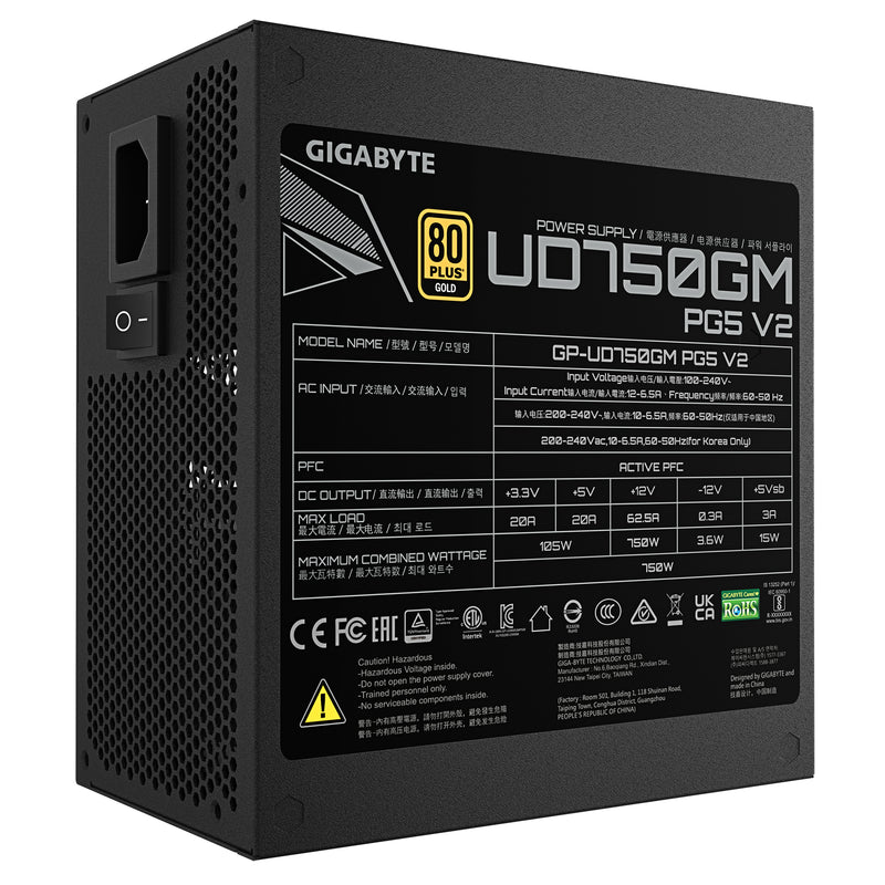 GIGABYTE UD750GM PG5 V2 Netzteil – PCIe Gen 5.1, 80 PLUS Gold, Vollmodulares Design, 120-mm-Lüfter, ATX 3.1-kompatibel, EU-Stecker