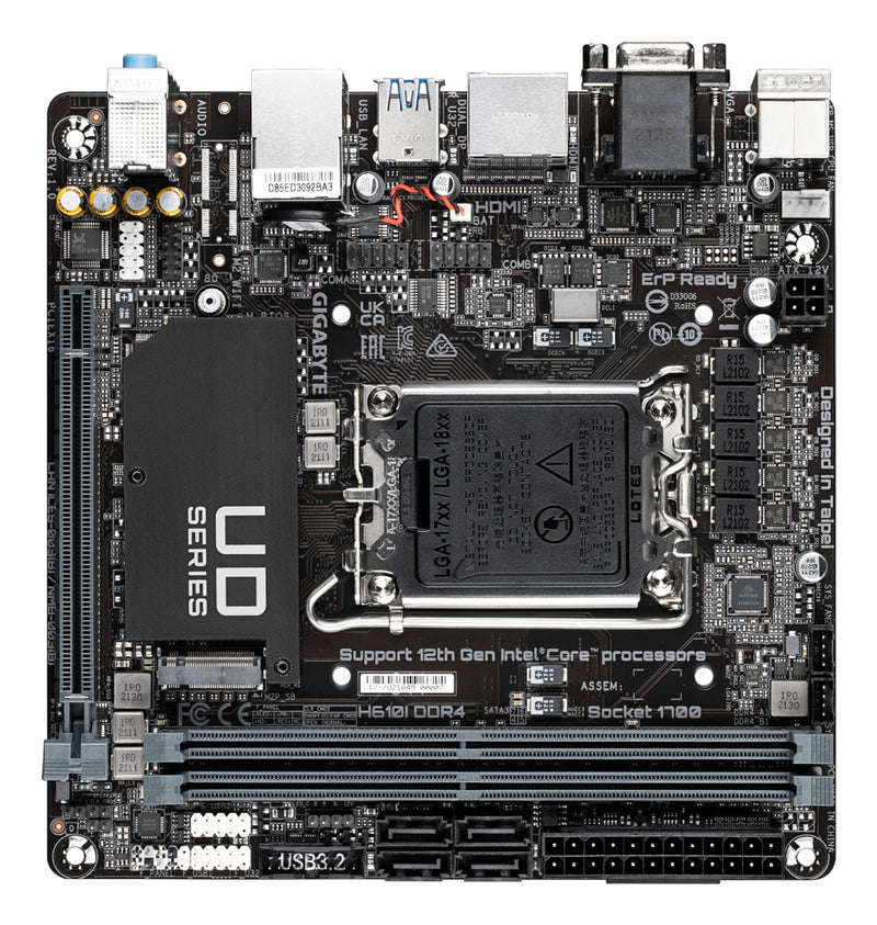 GIGABYTE H610I DDR4 Mainboard - Unterstützt Intel Core Prozessoren 14th CPUs, 4+1+1 Hybrid Digital VRM, up to 3200MHz DDR4, 1xPCIe 3.0 M.2, GbE LAN, USB 3.2 Gen 1