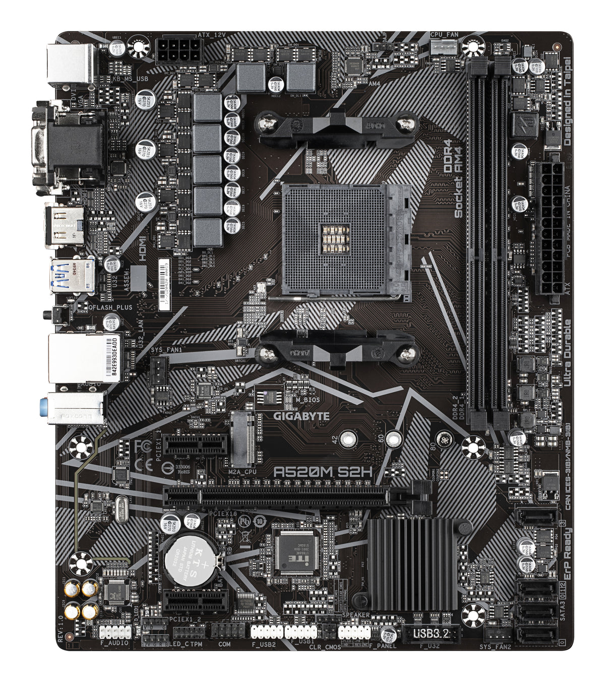 GIGABYTE A520M S2H Mainboard - Unterstützt AMD Ryzen 5000 Serie AM4 CPUs, 4+3 Phasen reines digitales VRM, bis zu 5100MHz DDR4 (OC), PCIe 3.0 x4 M.2, GbE LAN, USB 3.2 Gen 1