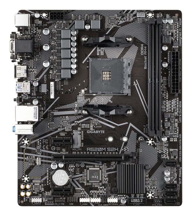 GIGABYTE A520M S2H Mainboard - Unterstützt AMD Ryzen 5000 Serie AM4 CPUs, 4+3 Phasen reines digitales VRM, bis zu 5100MHz DDR4 (OC), PCIe 3.0 x4 M.2, GbE LAN, USB 3.2 Gen 1