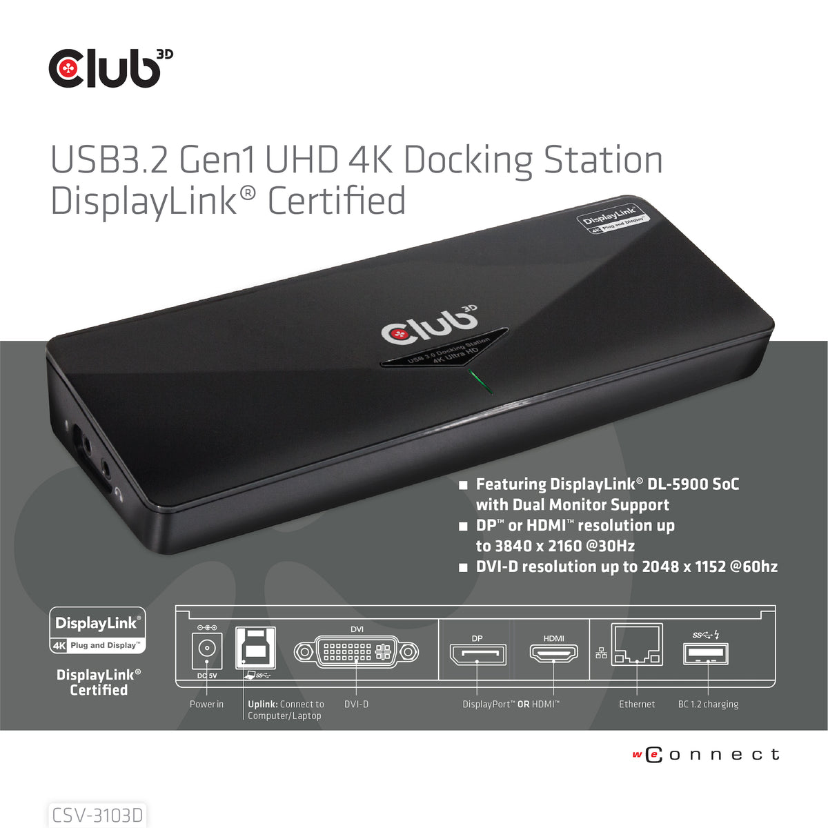 CLUB3D CSV-3103D The Club 3D Universal USB 3.1 Gen 1 UHD 4K Docking station DisplayLink™