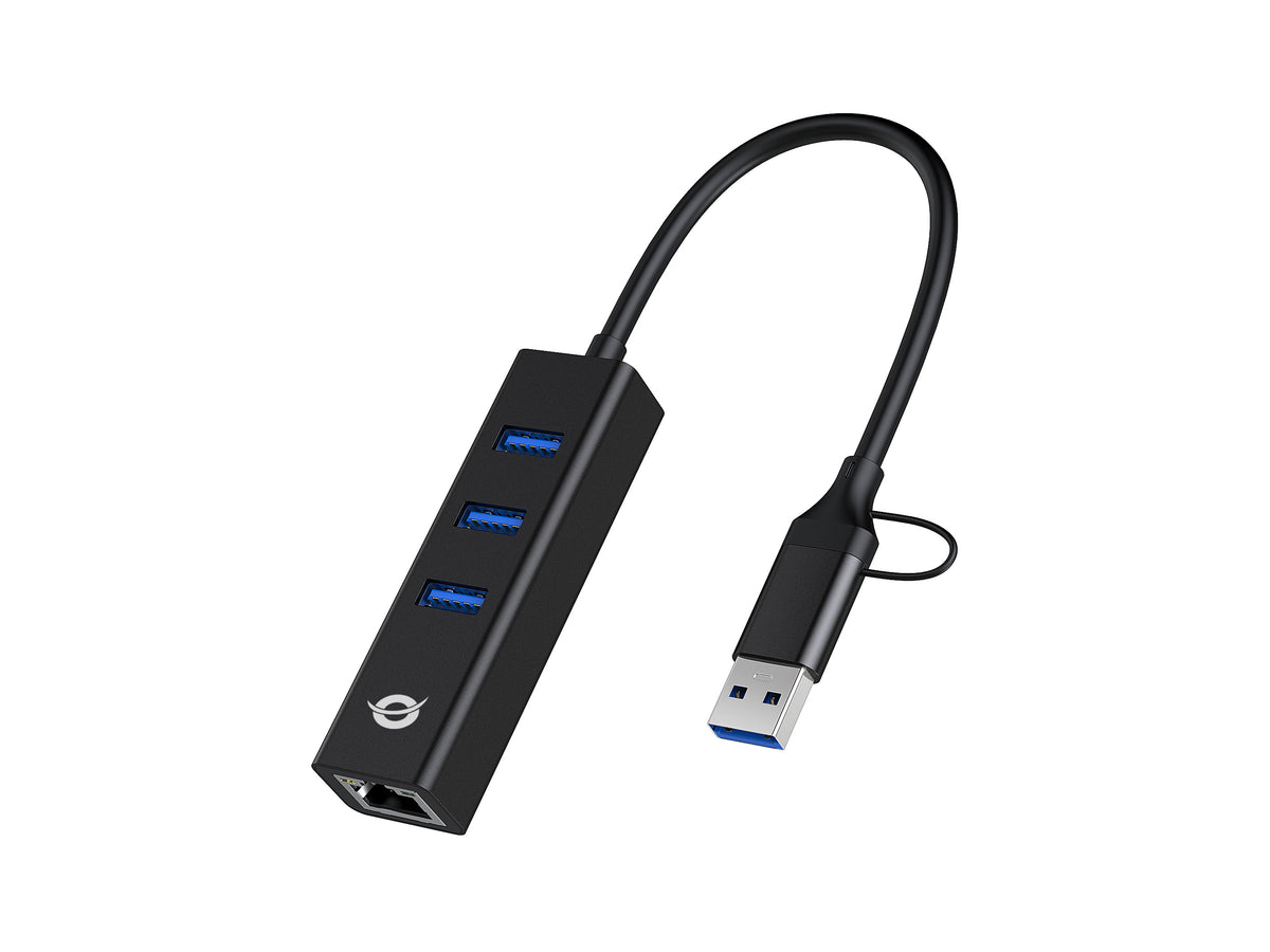 Conceptronic DONN07BA USB zu Gigabit-Netzwerkadapter mit 3-Port-USB-Hub, USB-A x 3, Wake-on-LAN, 2-in-1 USB-C USB-A Cable