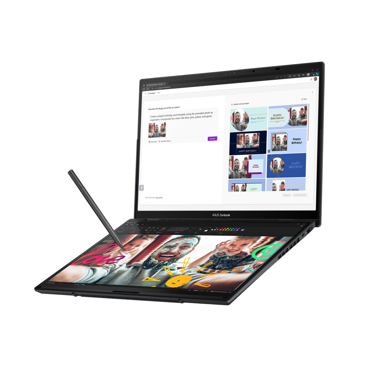 ASUS Zenbook Duo UX8406CA-PZ068X Intel Core Ultra 9 285H Hybrid (2-in-1) 35,6 cm (14") Touchscreen 3K 32 GB LPDDR5x-SDRAM 2 TB SSD Wi-Fi 7 (802.11be) Windows 11 Pro Deutsch Grau