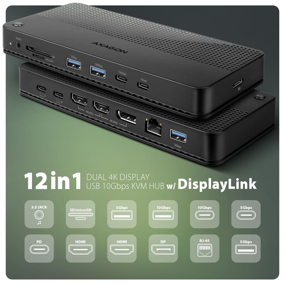 Axagon HMC-DL-KVM USB-C 10Gbps DisplayLink KVM Dockingstation für zwei 4K Monitore und Computer