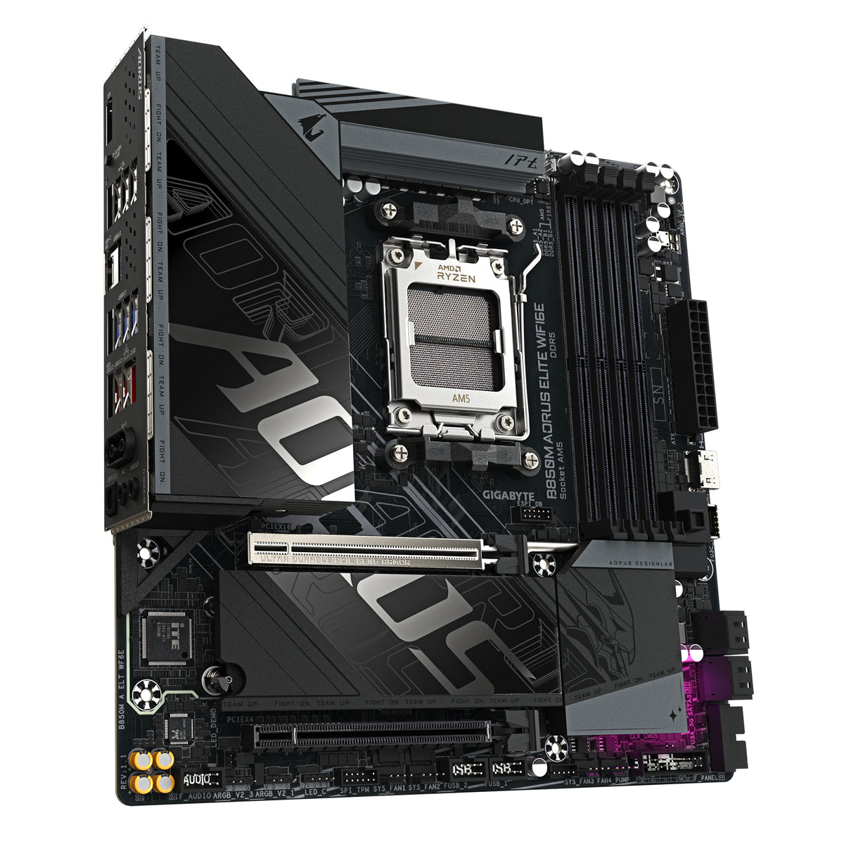 GIGABYTE B850M AORUS ELITE WIFI6E Mainboard – AMD Ryzen 9000 Serie Prozessoren, digitales 12+2+2 Phasen VRM, bis zu 8200 MHz DDR5 (O.C.), 1x PCIe 5.0 + 1x PCIe 4.0 M.2, Wi-Fi 6E, 2.5 GbE LAN, USB 3.2 Gen 2