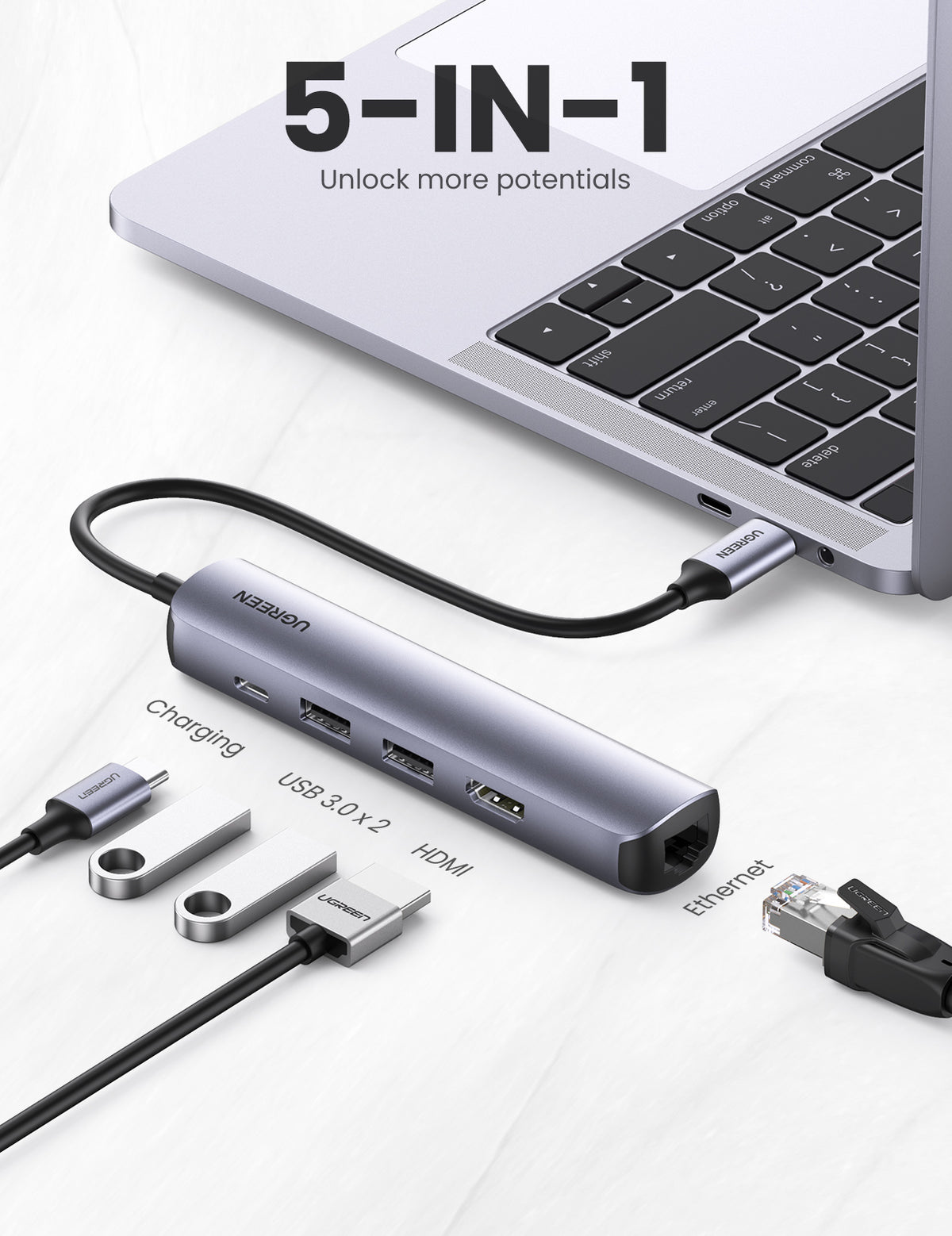 Ugreen 10919 laptop-dockingstation & portreplikator Kabelgebunden USB 3.2 Gen 1 (3.1 Gen 1) Type-C Grau