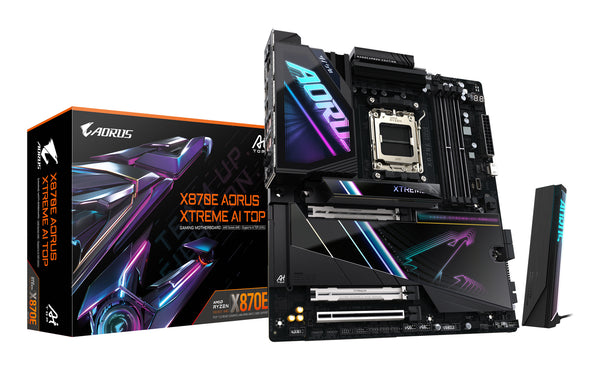 GIGABYTE X870E AORUS XTREME AI TOP Mainboard - Unterstützt AMD Ryzen 9000er-Serie CPUs, 18+2+2 Phasen VRM, bis zu 8800 MHz DDR5 (OC), 1xPCIe 5.0 M.2 + 3xPCIe 4.0 M.2, WI-FI 7, 10 GbE LAN, USB 4