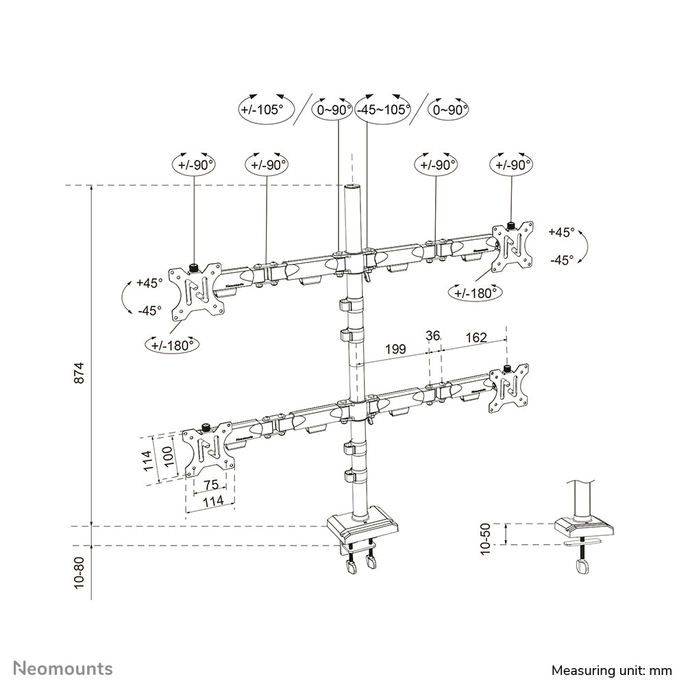 Neomounts DS60-600BL2-2 Quadruple-Monitorarm für vier Bildschirme 10-32"