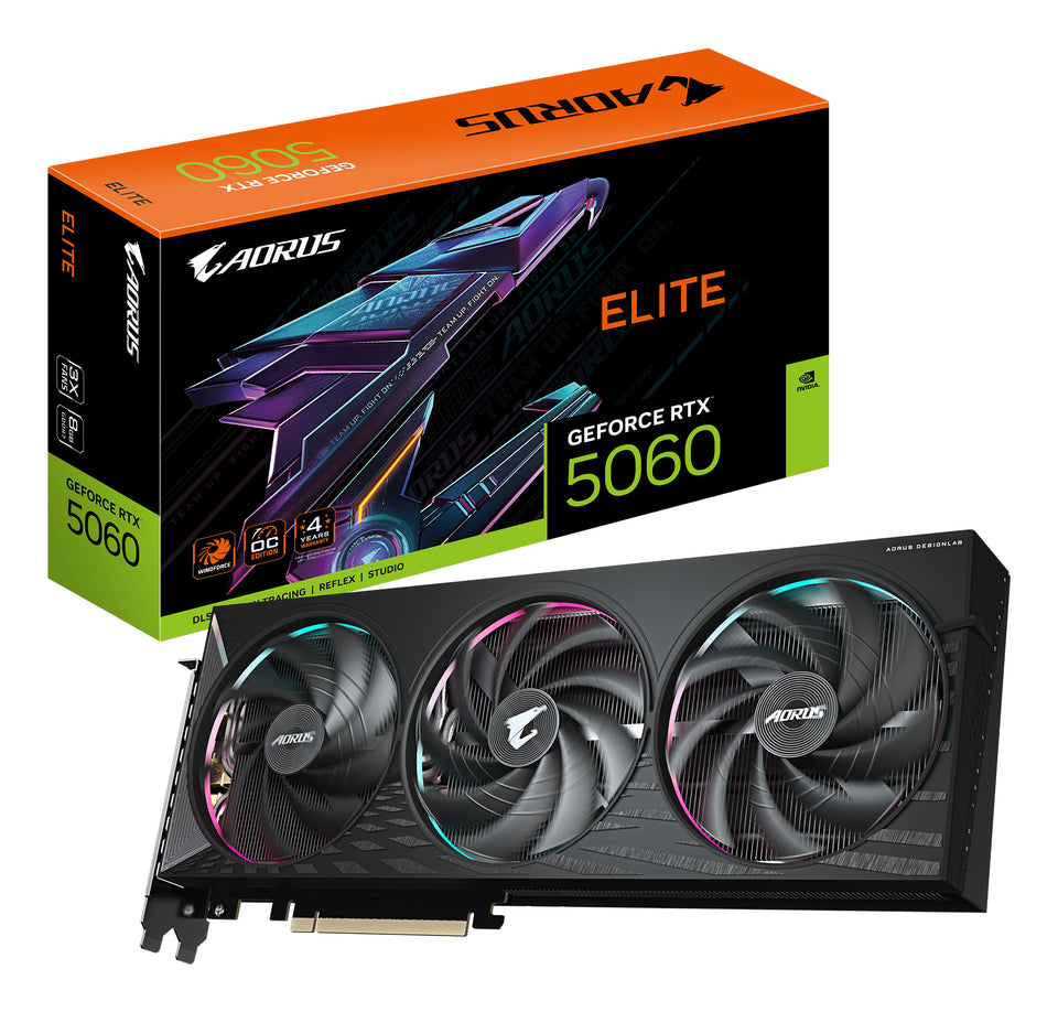 Carte graphique GIGABYTE AORUS GeForce RTX 5060 ELITE 8G - 8 Go GDDR7, 128 bits, PCI-E 5.0, fréquence d'horloge de 2722 MHz, 3 x DisplayPort, 1 x HDMI, GV-N5060AORUS E-8GD