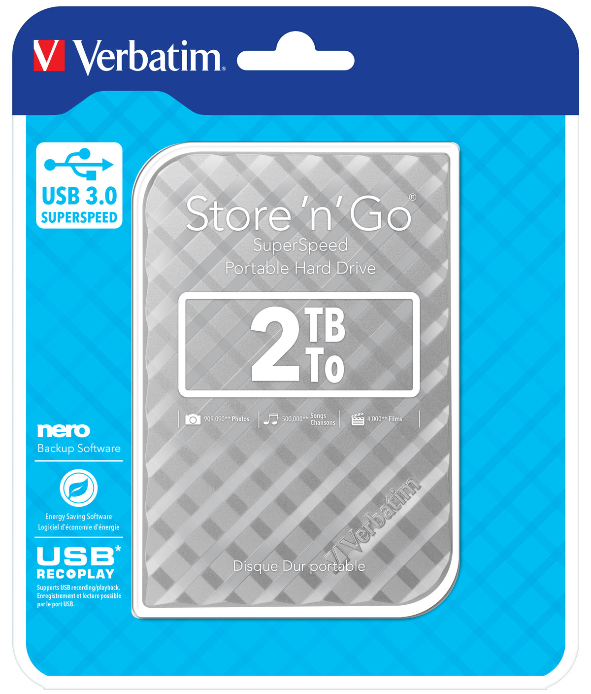 Verbatim Store 'n' Go Portable Hard Drive USB 3.0, 2 TB, Silver
