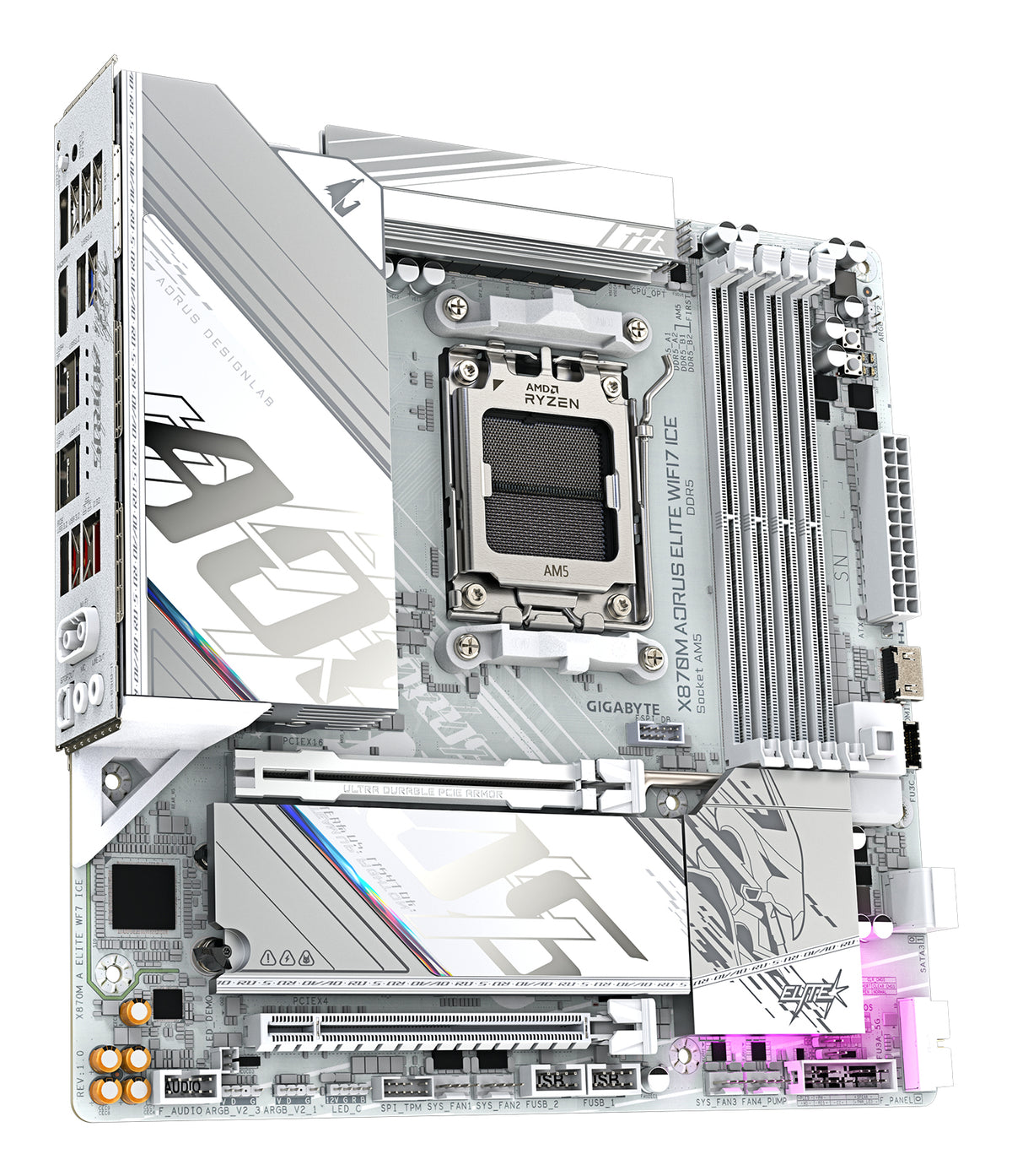 GIGABYTE X870M AORUS ELITE WIFI7 ICE Mainboard – Unterstützt AMD Ryzen 9000 CPUs, digitales 14+2+2-Phasen-VRM, bis zu 8200 Hz DDR5 (O.C), 1× PCIe 5.0 + 1× PCIe 4.0, Wi-Fi 7, 2.5-GbE-LAN, USB 4