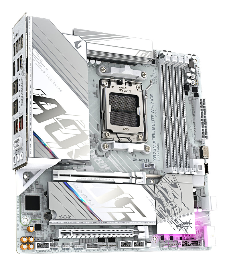 GIGABYTE X870M AORUS ELITE WIFI7 ICE Mainboard – Unterstützt AMD Ryzen 9000 CPUs, digitales 14+2+2-Phasen-VRM, bis zu 8200 Hz DDR5 (O.C), 1× PCIe 5.0 + 1× PCIe 4.0, Wi-Fi 7, 2.5-GbE-LAN, USB 4