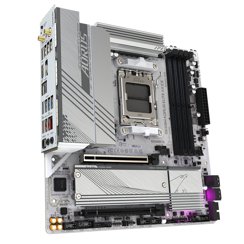 GIGABYTE B650M AORUS ELITE AX ICE Mainboard - AMD Ryzen 9000er-Serie, 12+2+2 Phasen VRM, bis zu 8000 MHz DDR5 (OC), 1xPCIe 5.0 + 1xPCIe 4.0 M.2, 2,5 GbE LAN, WIFI 6E, USB 3.2 Gen 2x2