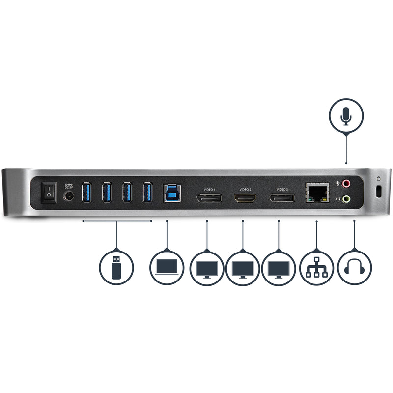 StarTech.com Drei Monitor USB 3.0 Docking Station mit 2x 4K DisplayPort & HDMI, 5x USB-A Hub (1x Fast-Charge), 3,5 mm Audio, GbE - USB Typ A Universelles Laptop Dock, MacOS / Windows