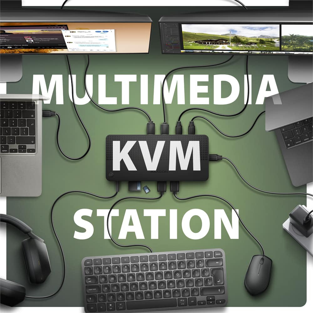 Axagon HMC-DL-KVM USB-C 10Gbps DisplayLink KVM Dockingstation für zwei 4K Monitore und Computer