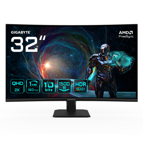 GIGABYTE GS32QCA 31,5" QHD Curved Gaming Monitor - 2560 x 1440, 180Hz, 1ms, 250 cd/m², FreeSync, HDR Ready, HDMI 2.0, Displayport 1.4
