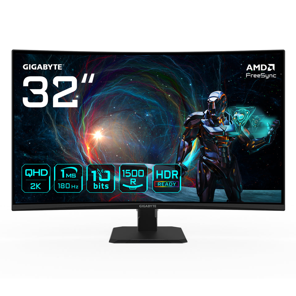 Monitor Gaming Curvo GIGABYTE GS32QCA 31,5" QHD - 2560 x 1440, 180Hz, 1ms, 250 cd/m², FreeSync, HDR Ready, HDMI 2.0, DisplayPort 1.4