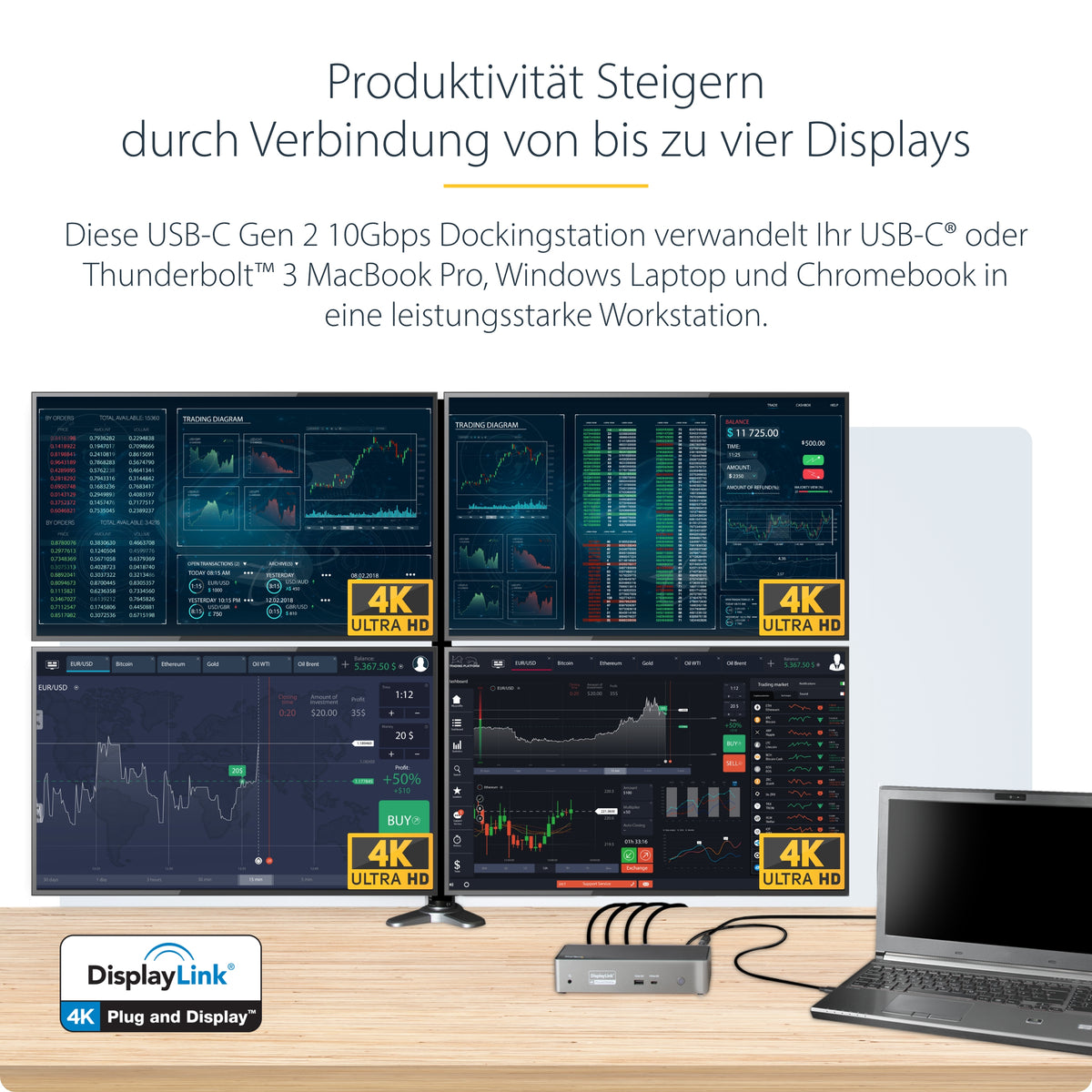 StarTech.com USB C Dockingstation für 4 monitore - 4K 60Hz Hybrid Notebook Dock DisplayPort 1.4 & HDMI 2.0 - Universal USB-C/Thunderbolt Laptop Dock mit 100W PD - USB Hub mit 1x USB-C & 3x USB-A, GbE, Audio