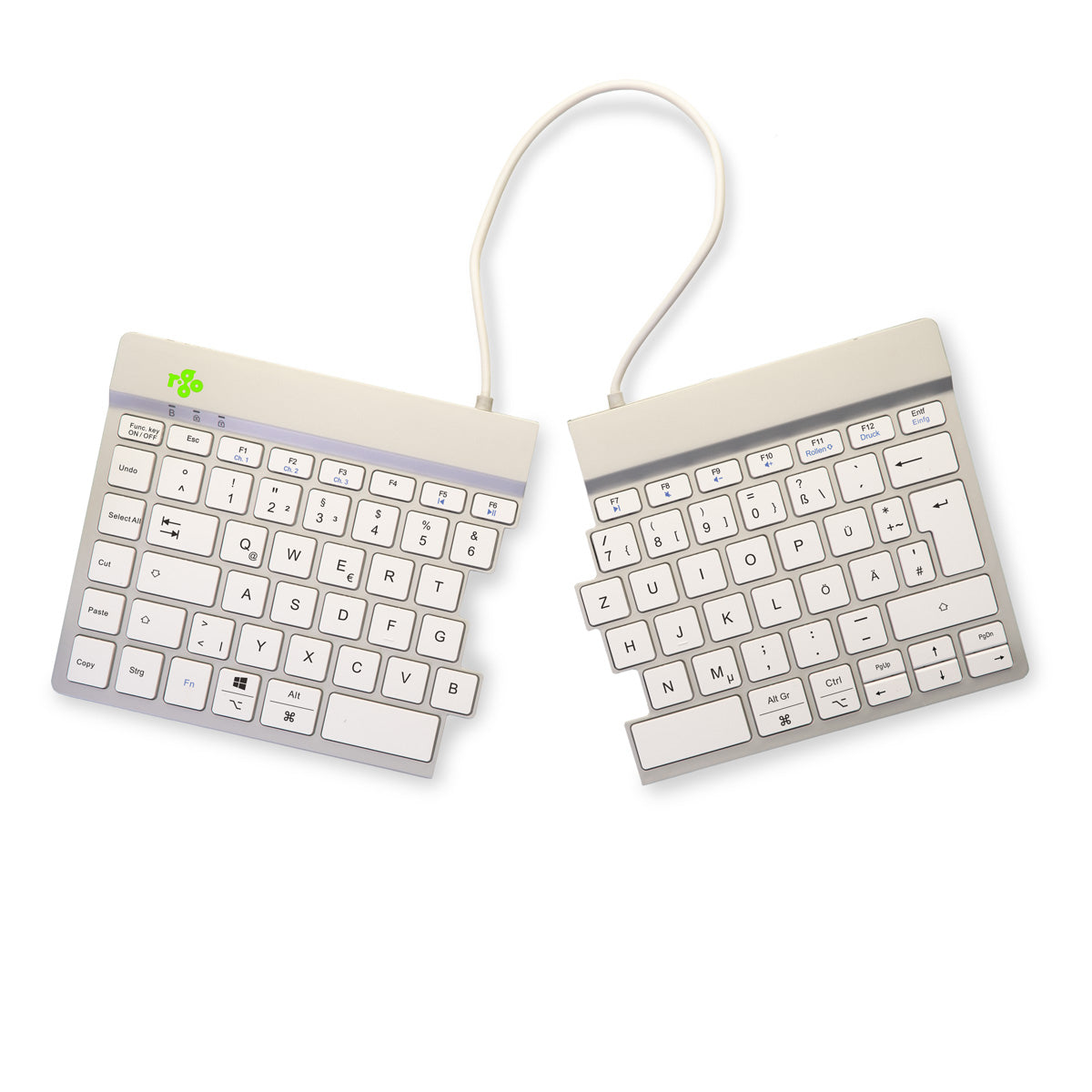 R-Go Tools Ergonomische Tastatur R-Go Split Break mit Pausensoftware, ergonomische geteilte Tastatur, QWERTZ (DE), kabellos, weiß