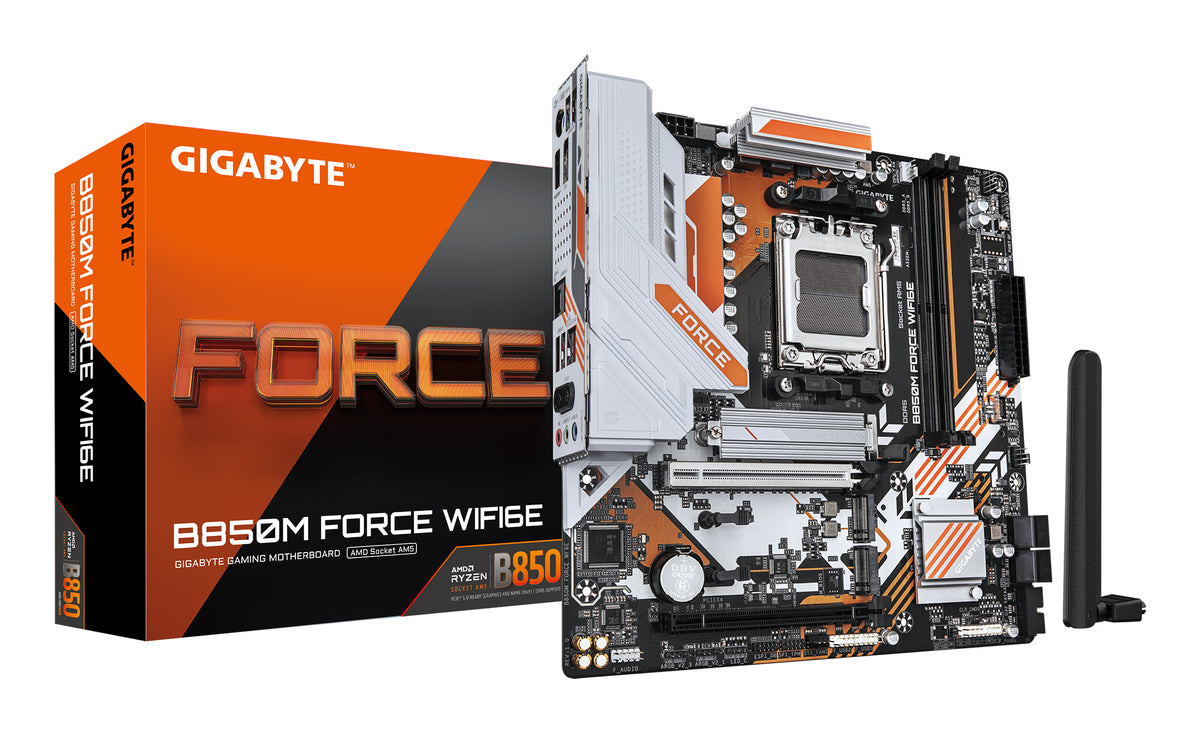 GIGABYTE B850M FORCE WIFI6E Mainboard – Unterstützt AMD Ryzen 9000 Serie Prozessoren, 8+2+2 Phasen Digital-VRM, bis zu 9600 MHz DDR5 (OC), 1 x PCIe 5.0 M.2 + 2 x PCIe 4.0 M.2, Wi-Fi 6E, 2.5 GbE LAN, USB 3.2 Gen 2