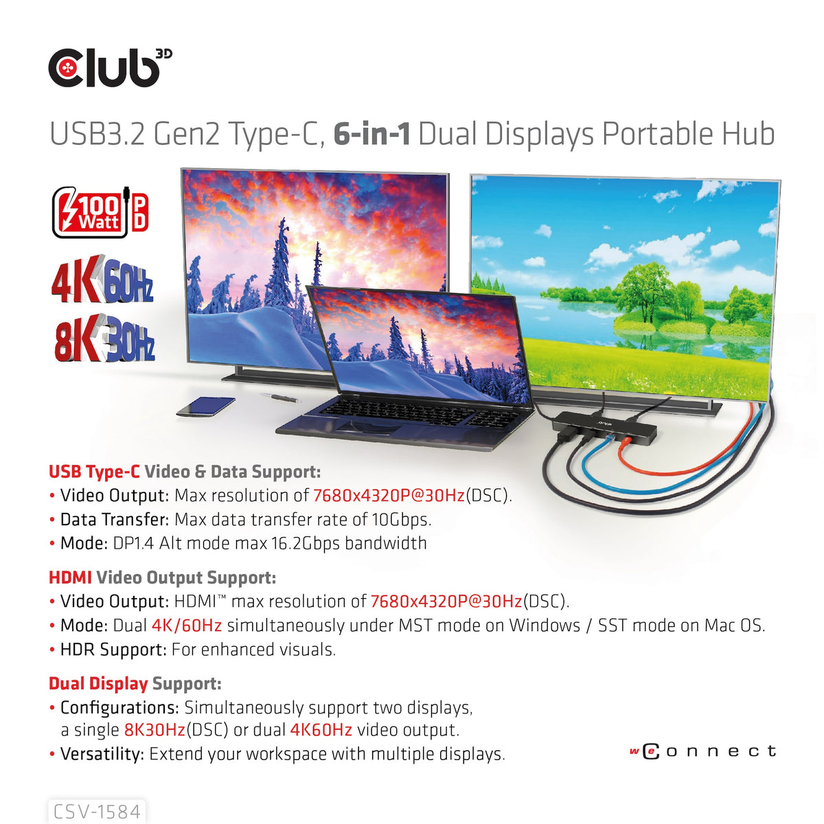 CLUB3D 6-in-1 USB3.2 Gen2 Typ-C Dual Displays Portable Dock mit USB Typ-C Video 4K60Hz