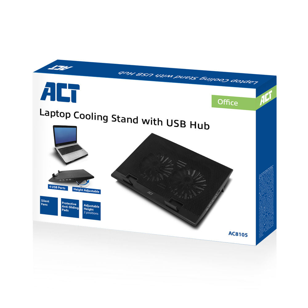 ACT Laptop-Kühlständer, bis zu 17", höhenverstellbar (2 Positionen), 4-Port-Hub