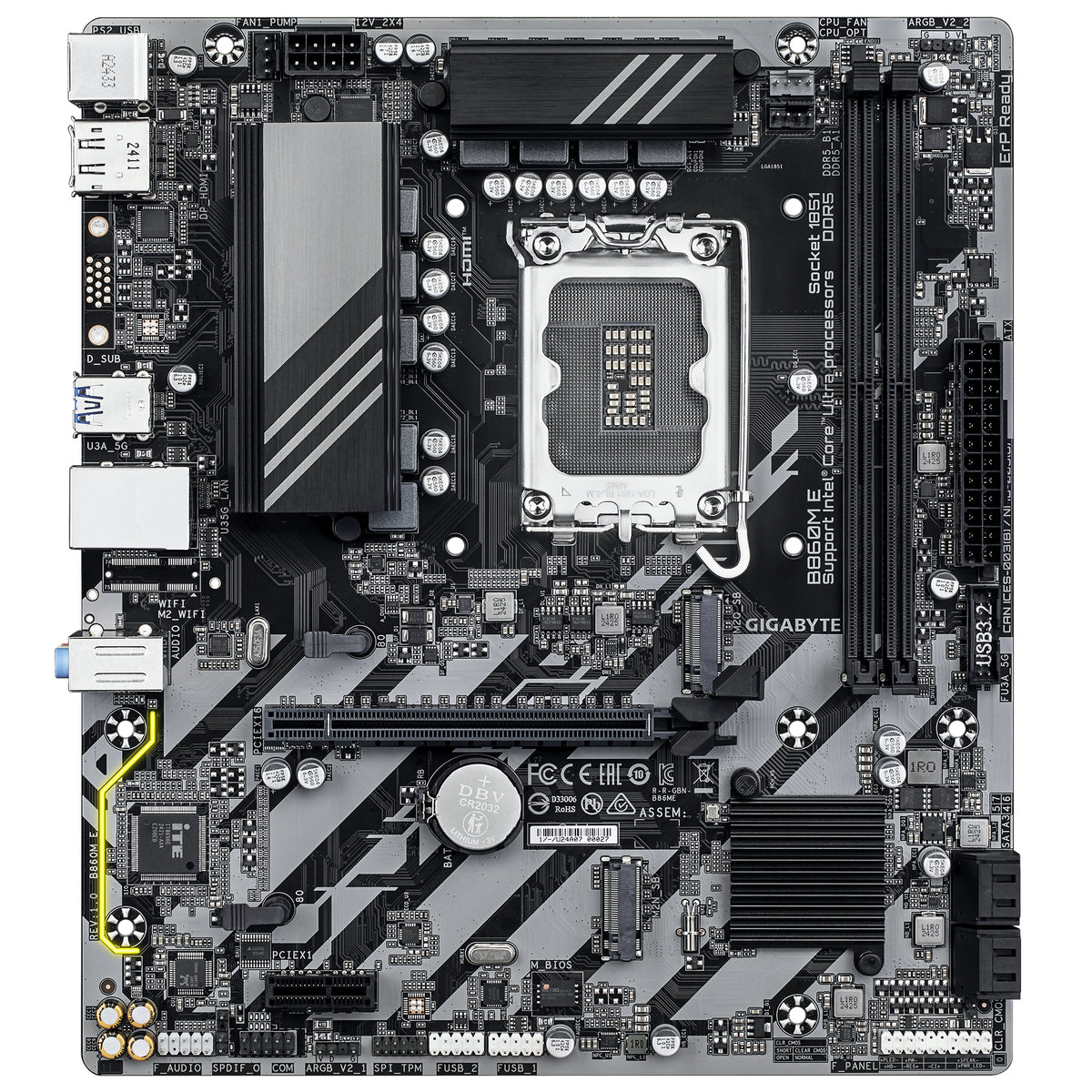 GIGABYTE B860M E Mainboard - Intel Core Ultra Series CPUs, 4+1+2 Phasen VRM, bis zu 8800MHz DDR5 (O.C), 2xPCIe 4.0 M.2, 1GbE LAN, USB 3.2 Gen 1