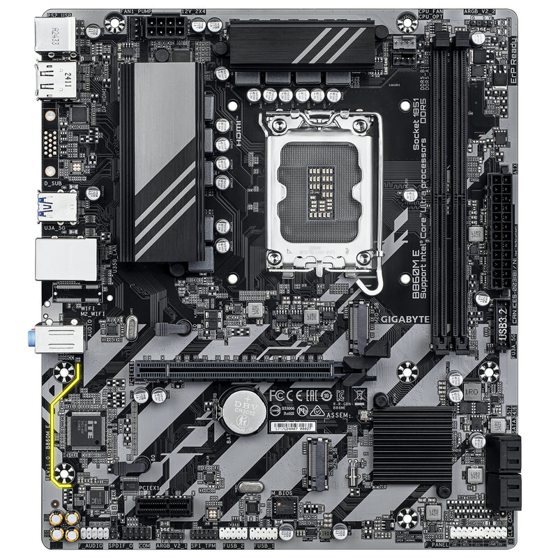GIGABYTE B860M E Mainboard - Intel Core Ultra Series CPUs, 4+1+2 Phasen VRM, bis zu 8800MHz DDR5 (O.C), 2xPCIe 4.0 M.2, 1GbE LAN, USB 3.2 Gen 1