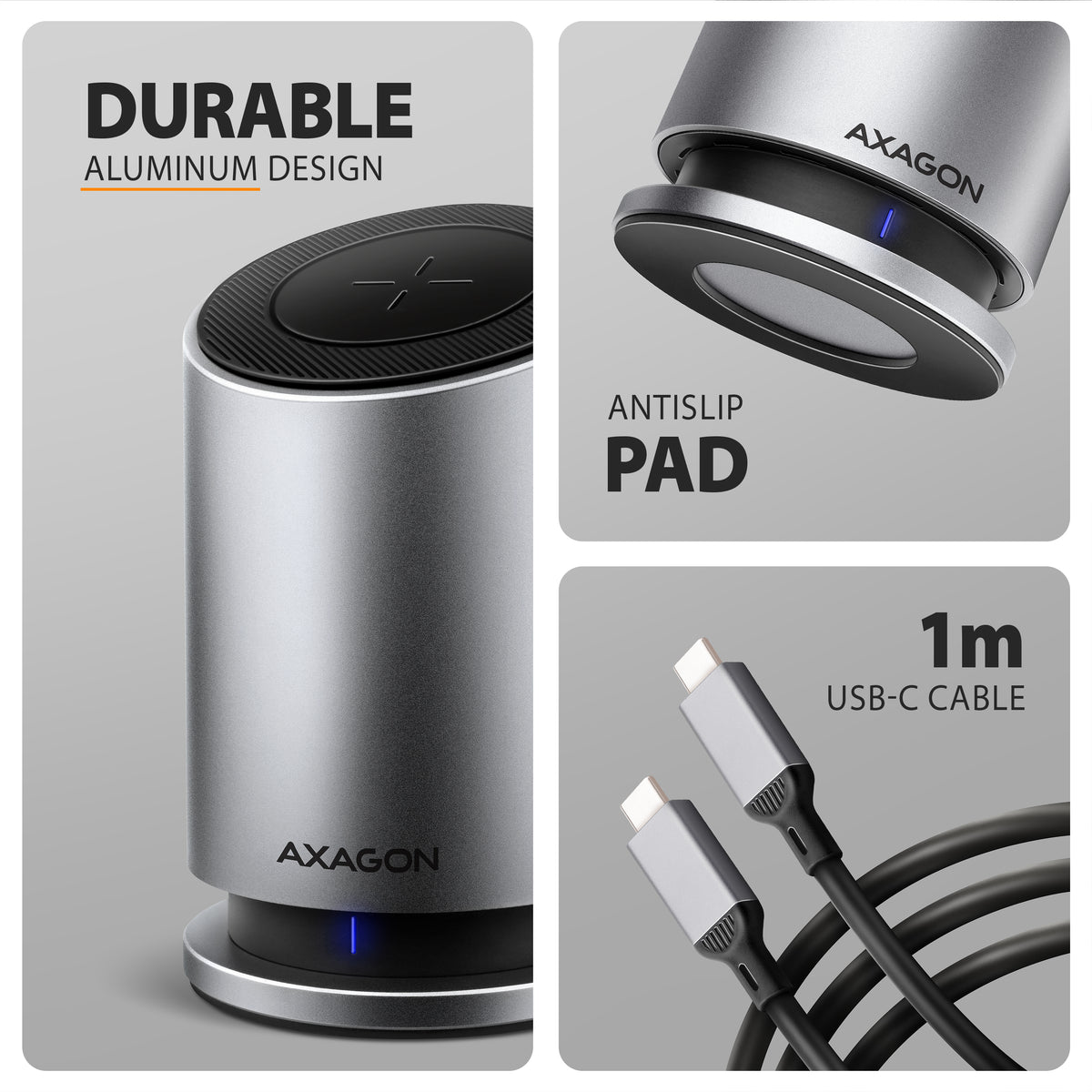 Axagon HMC-WL9 USB-C 10Gbps-Dockingstation mit 15 W kabellosem Laden 9in1