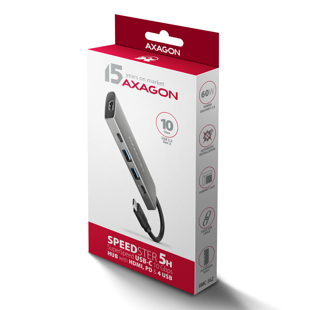Axagon HMC-5G21 USB 10Gbps hub, 2x USB-A, 2x USB-C, HDMI 4k/30Hz, PD 60W, USB-C Kabel