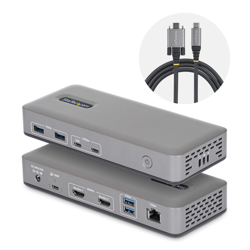 StarTech.com Dual Monitor USB-C Dockingstation, Dual 4K 60Hz HDMI MST Dock, 100W Power Delivery Laptop-Ladung, 1GbE, treiberlos, Multi-Monitor Dock, Windows