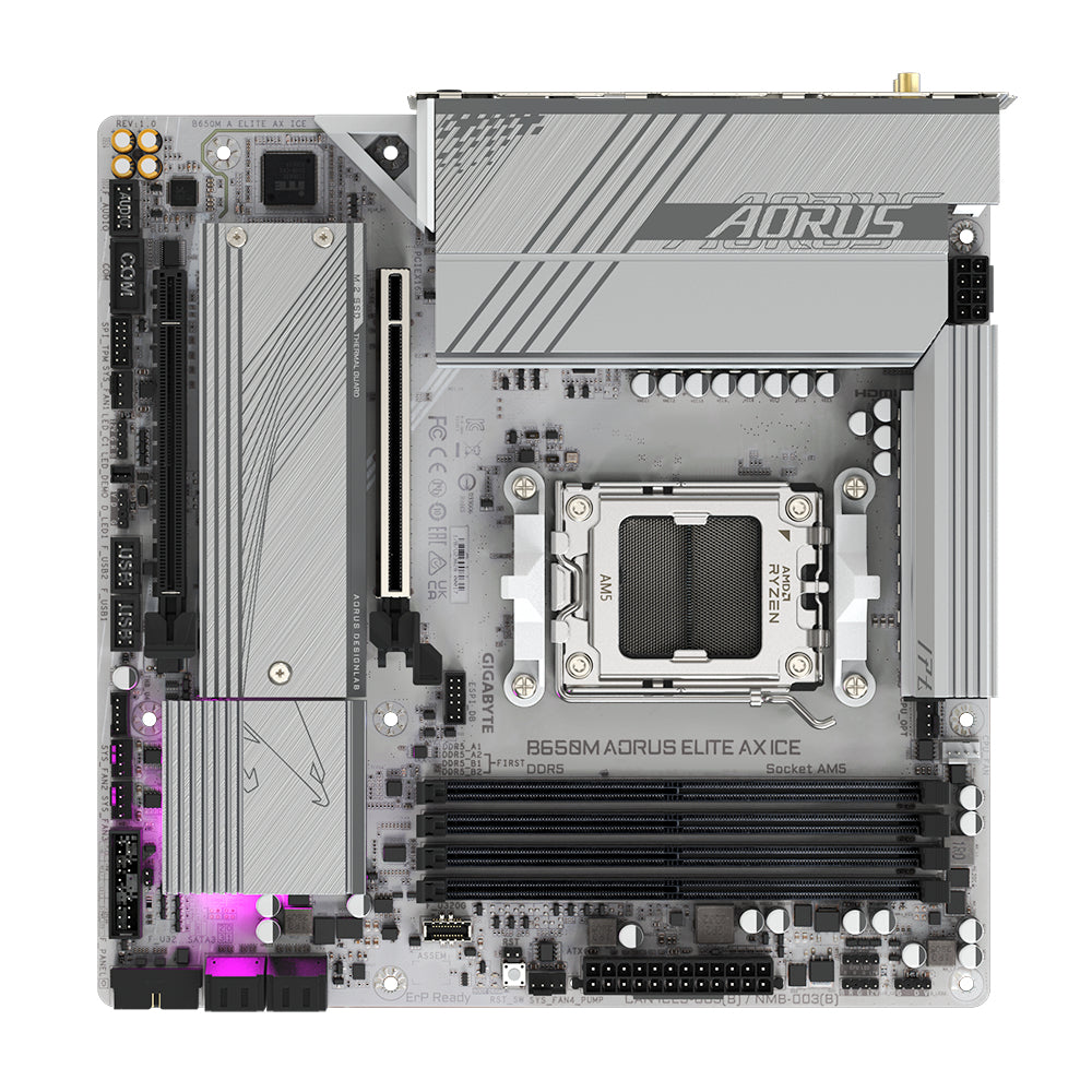 GIGABYTE B650M AORUS ELITE AX ICE Mainboard - AMD Ryzen 9000er-Serie, 12+2+2 Phasen VRM, bis zu 8000 MHz DDR5 (OC), 1xPCIe 5.0 + 1xPCIe 4.0 M.2, 2,5 GbE LAN, WIFI 6E, USB 3.2 Gen 2x2