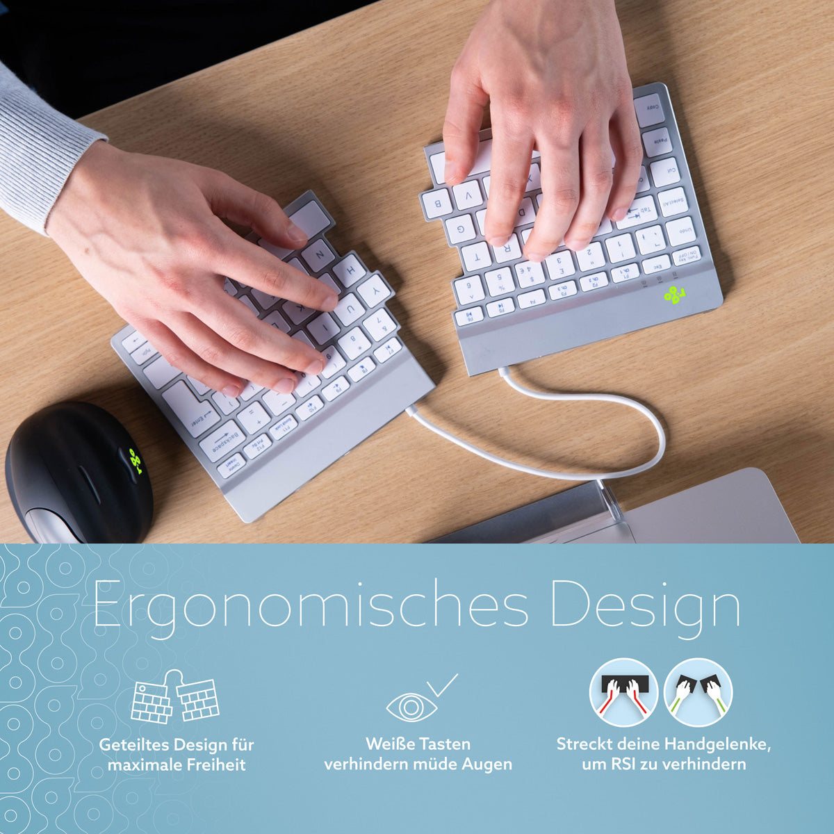 R-Go Tools Ergonomische Tastatur R-Go Split Break mit Pausensoftware, ergonomische geteilte Tastatur, QWERTZ (DE), kabellos, weiß