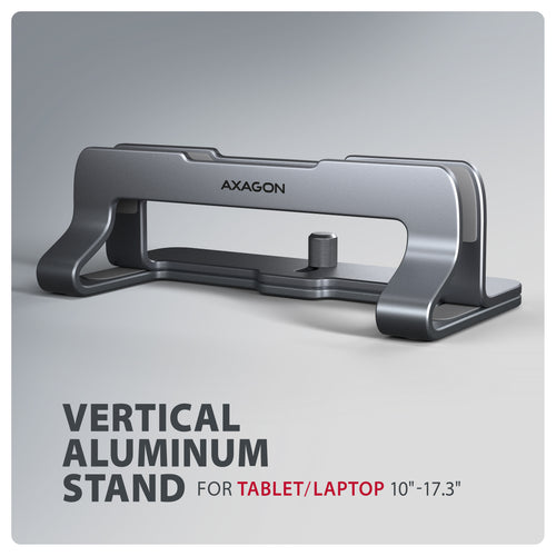 Axagon STND-VG Aluminiumständer für die vertikale Platzierung von Laptops mit einer Größe von 10"–17.3". Einstellbare Schlitzbreite 9.5–25.5 mm. Graue Version.