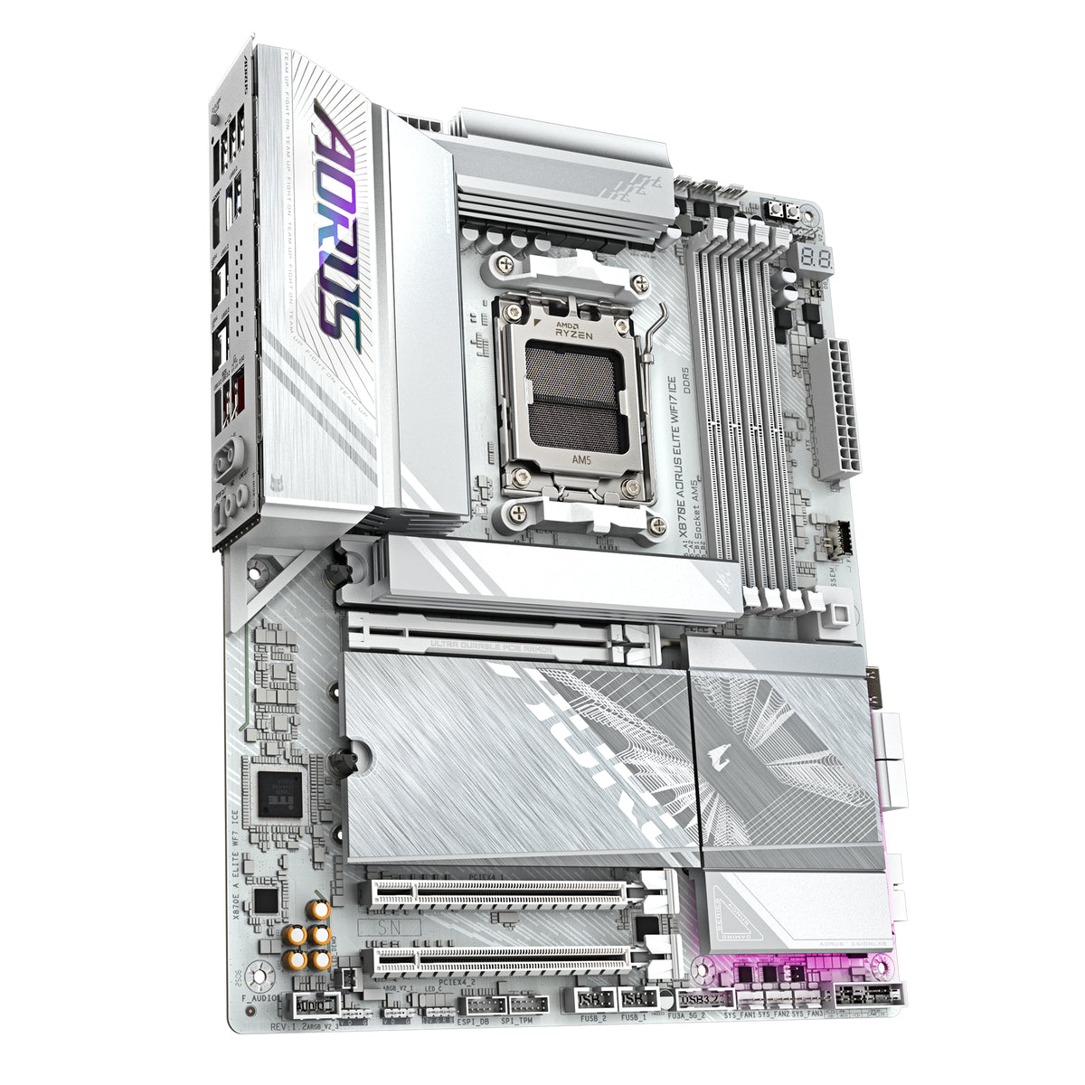 GIGABYTE X870E AORUS ELITE WIFI7 ICE Mainboard – Unterstützt AMD Ryzen 9000 Prozessoren, digitales 16+2+2 Phasen VRM, bis zu 8200 MHz DDR5 (O.C.), 3x PCIe 5.0 + 1x PCIe 4.0, Wi-Fi 7, 2.5 GbE LAN, USB 4