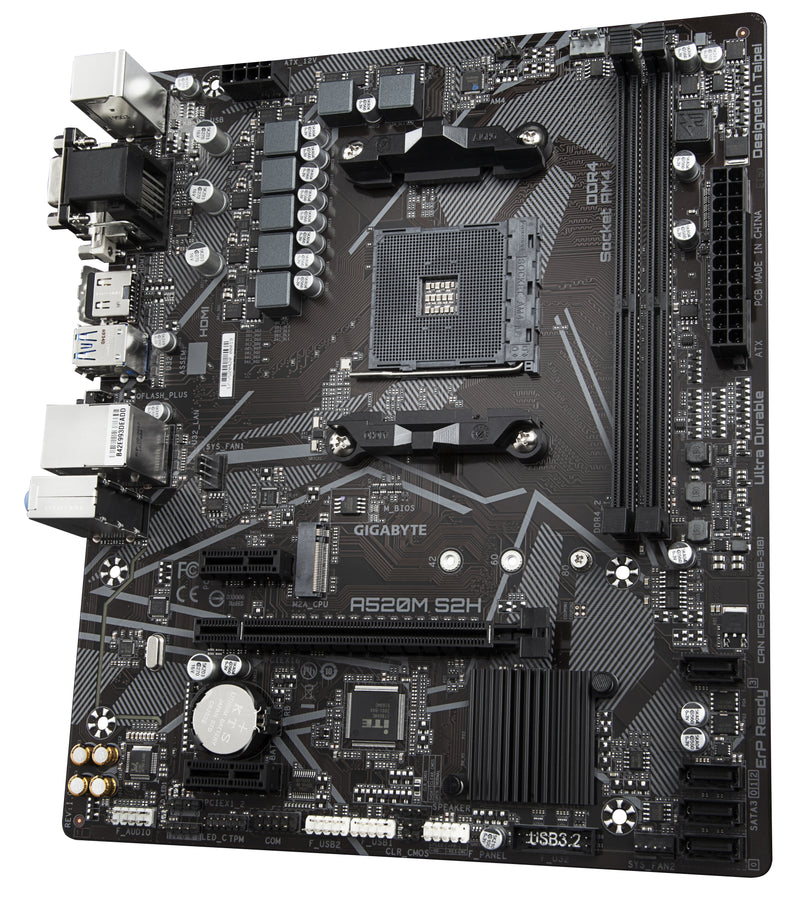 GIGABYTE A520M S2H Mainboard - Unterstützt AMD Ryzen 5000 Serie AM4 CPUs, 4+3 Phasen reines digitales VRM, bis zu 5100MHz DDR4 (OC), PCIe 3.0 x4 M.2, GbE LAN, USB 3.2 Gen 1