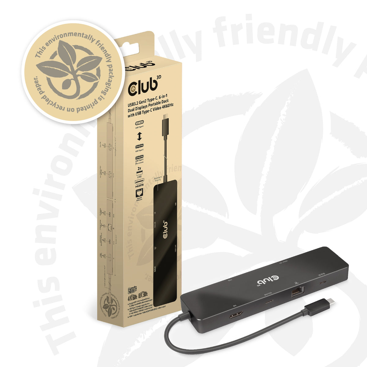 CLUB3D 6-in-1 USB3.2 Gen2 Typ-C Dual Displays Portable Dock mit USB Typ-C Video 4K60Hz